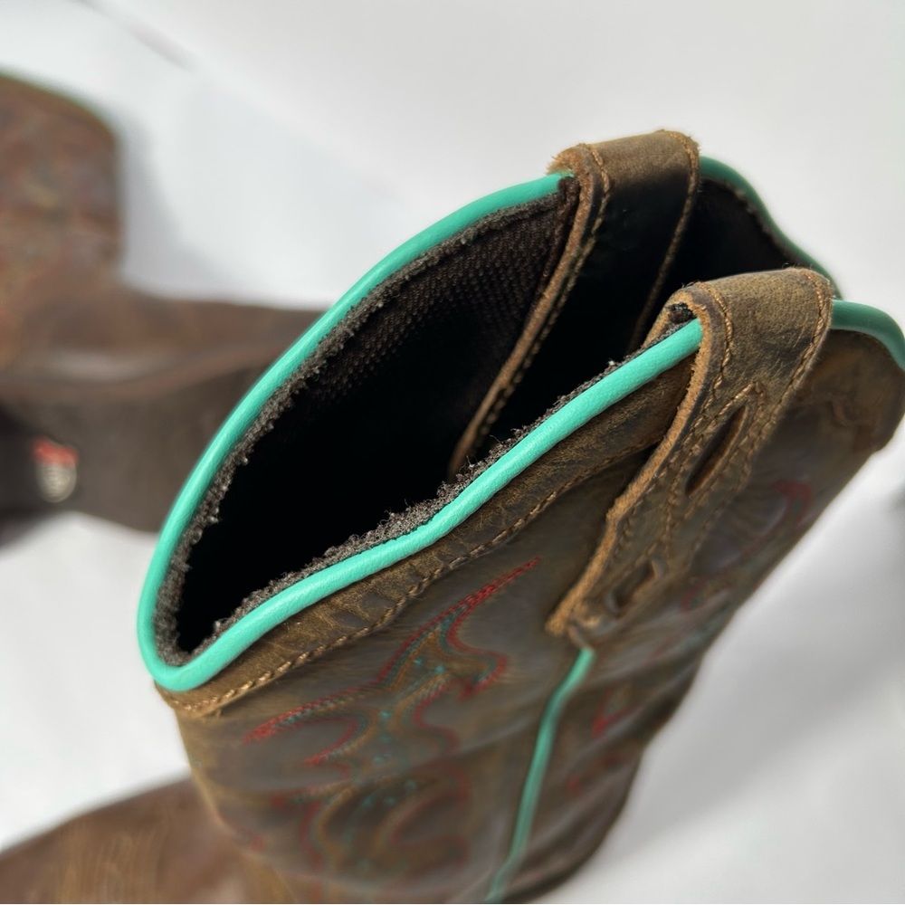 Justin Boots Brown Leather Western Boots with Turquoise Trim - Picture 10 of 16